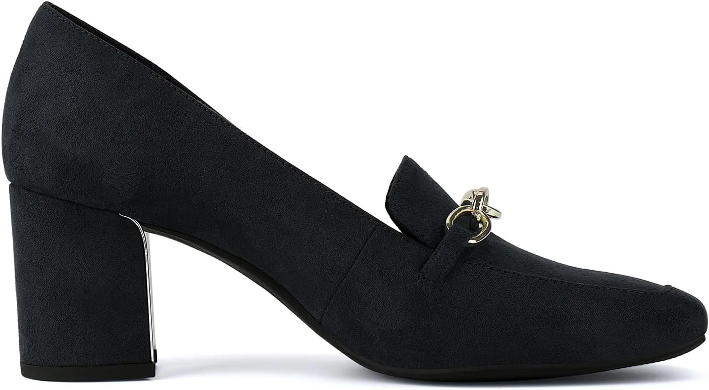 JENN ARDOR Women's Heeled Loafers - Block Heels, Closed Toe, Slip On, 2.5 Inch Mid Heel, Dress & Casual Shoes with Chain