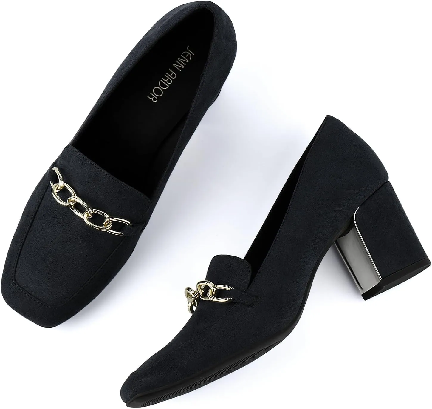 JENN ARDOR Women's Heeled Loafers - Block Heels, Closed Toe, Slip On, 2.5 Inch Mid Heel, Dress & Casual Shoes with Chain