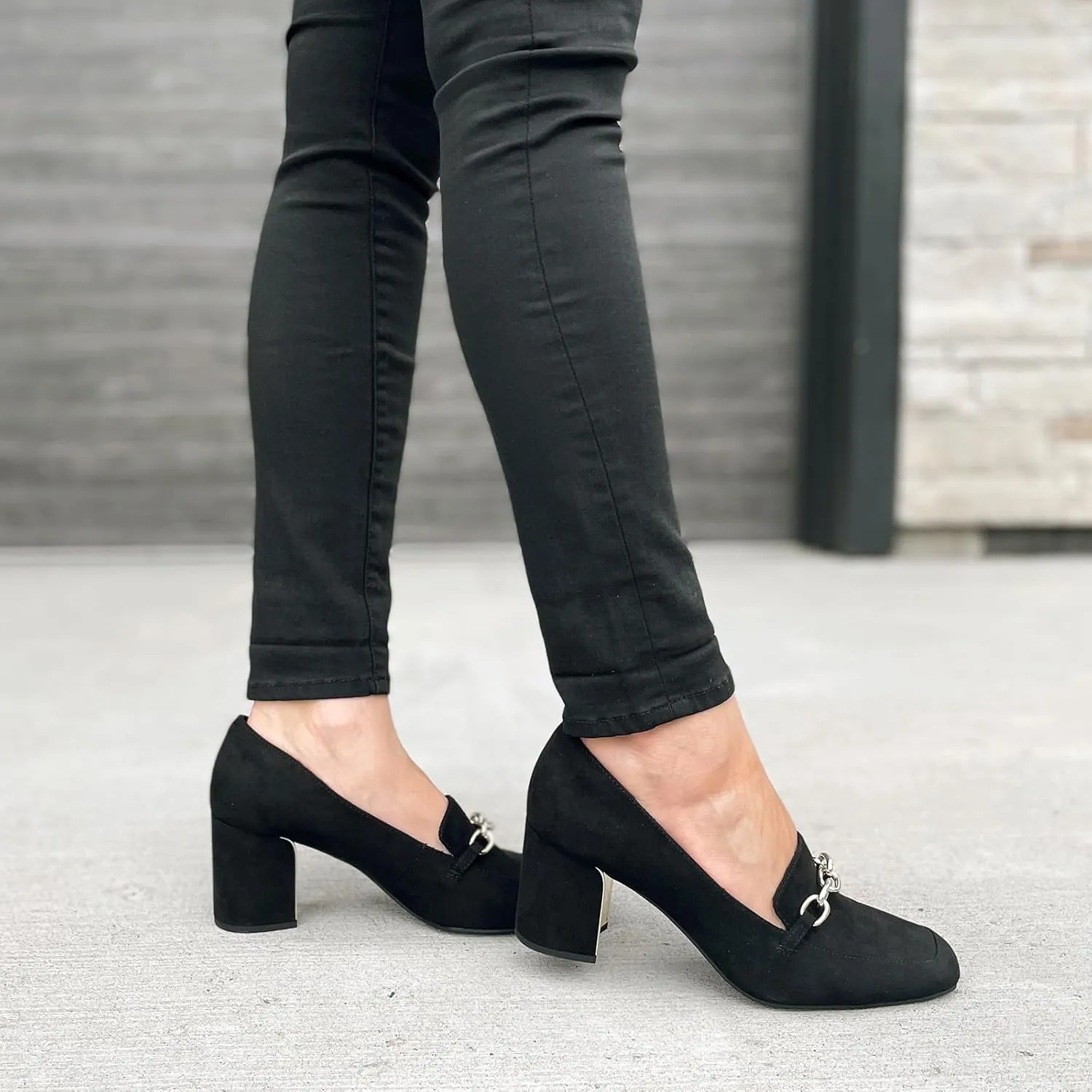 JENN ARDOR Women's Heeled Loafers - Block Heels, Closed Toe, Slip On, 2.5 Inch Mid Heel, Dress & Casual Shoes with Chain