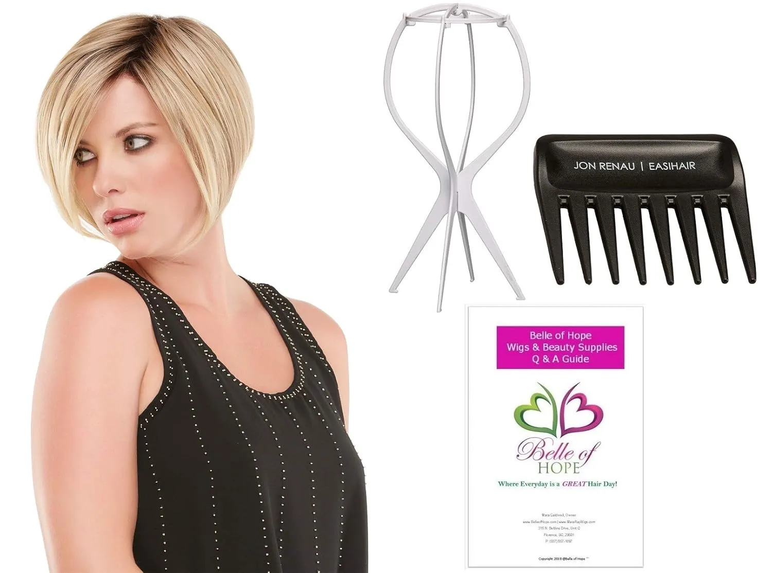 Jon Renau Ignite Lace Front HD, Large Cap Wig 4PC Bundle with Plastic Wig Stand, Wide Tooth Comb, 19 Belle of Hope Page Q and A Guide (12FS12)