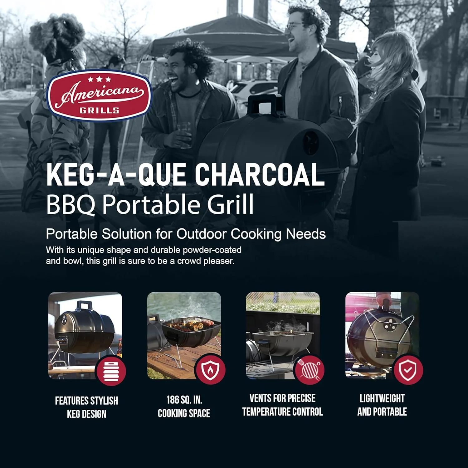 Keg A Que Charcoal BBQ Grill, Portable Outdoor Barbecue with Durable Powder Coated Hood and Bowl, 186 Square Inch Cooking Area, Black