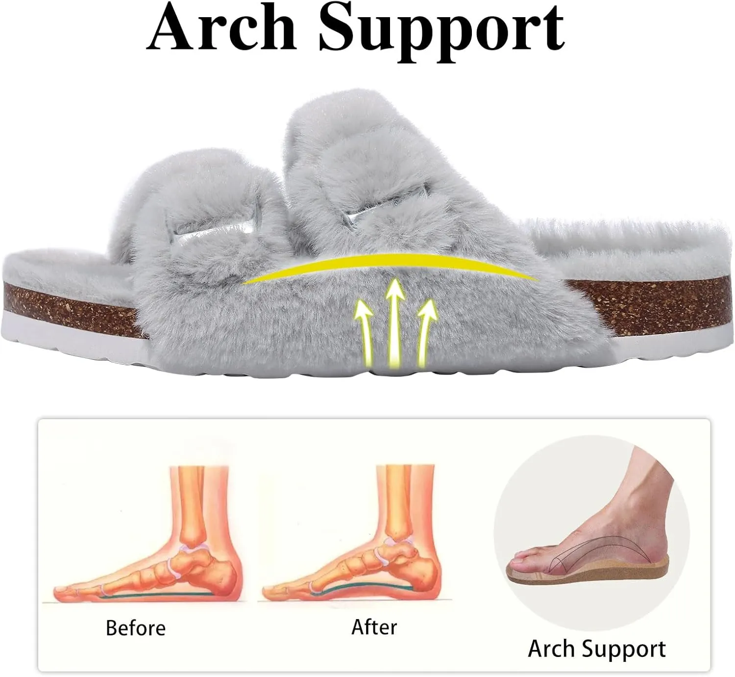 KIDMI Fuzzy Slippers Women with Cork Footbed Fluffy Slides Open Toe Indoor House Shoes | Arch Support | Adjustable Buckles