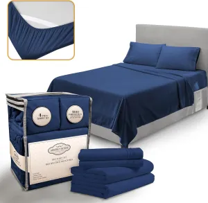 King Size Sheets Set Cooling - Luxury Hotel Sheets - Soft Bed Sheets with Elastic Corner Straps - Deep Pockets Microfiber Bedsheet - Bedding Sheets & Pillowcases - 4 PC (King, Navy Blue)
