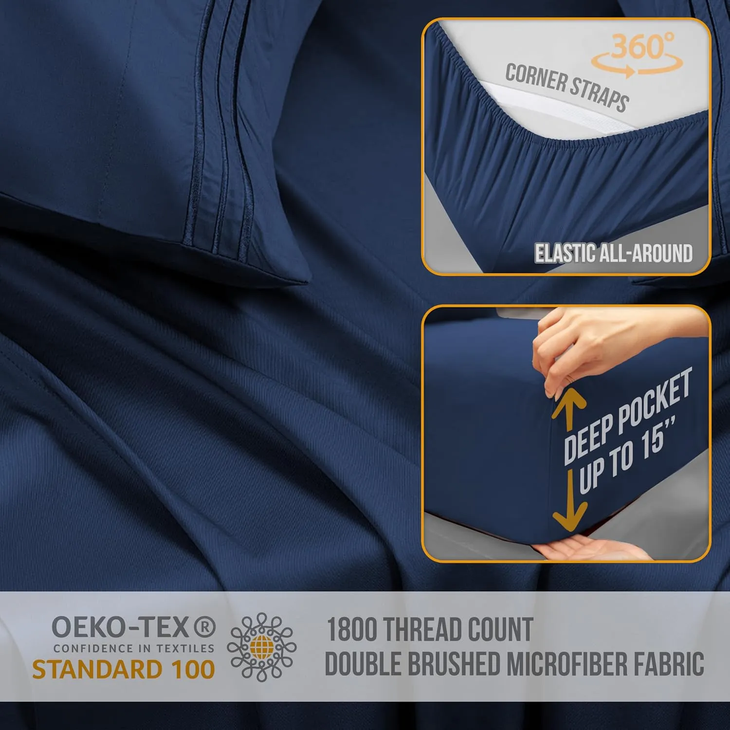 King Size Sheets Set Cooling - Luxury Hotel Sheets - Soft Bed Sheets with Elastic Corner Straps - Deep Pockets Microfiber Bedsheet - Bedding Sheets & Pillowcases - 4 PC (King, Navy Blue)