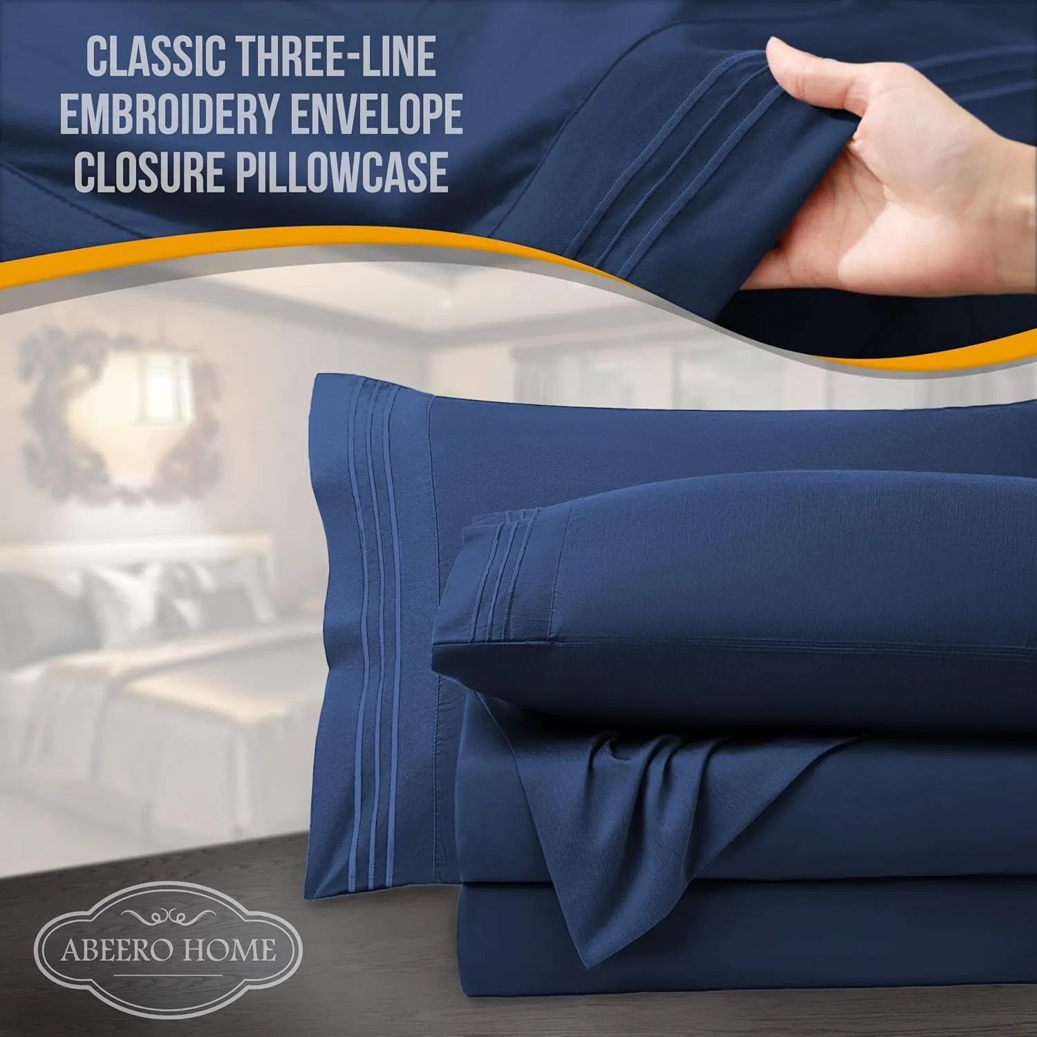 King Size Sheets Set Cooling - Luxury Hotel Sheets - Soft Bed Sheets with Elastic Corner Straps - Deep Pockets Microfiber Bedsheet - Bedding Sheets & Pillowcases - 4 PC (King, Navy Blue)