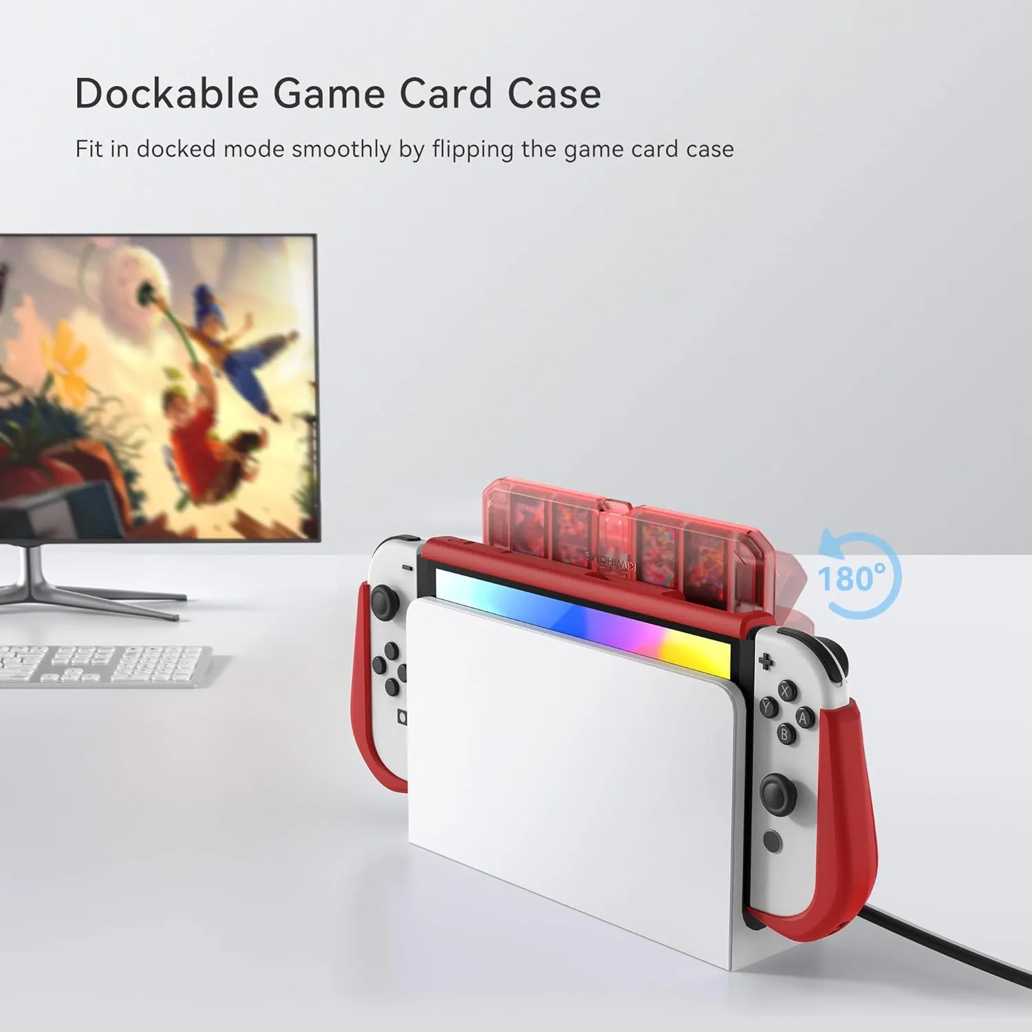 KIWIHOME Dockable Case for Nintendo Switch OLED 2021 with 4 Flip Game Storage Slots, TPU Grip Portable Protective Case Cover Accessories Compatible with 7 Inch and Joy-Con Controller, Red