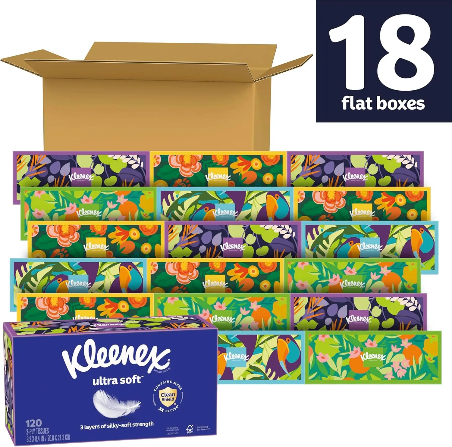 Kleenex Ultra Soft Facial Tissues, 18 Flat Boxes, 120 Tissues per Box, 3-Ply (2,160 Total Tissues), Packaging May Vary