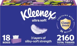 Kleenex Ultra Soft Facial Tissues, 18 Flat Boxes, 120 Tissues per Box, 3-Ply (2,160 Total Tissues), Packaging May Vary