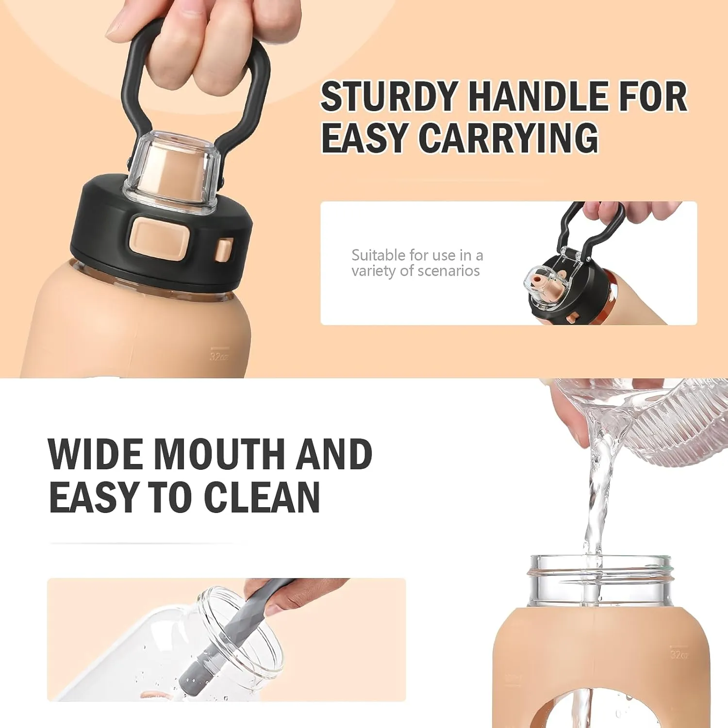 Kodrine Water Bottle With Straw and Carry Handle, Glass Water Bottle 24 oz Leak Proof Locking Lid with Soft Silicone Spout, Reusable Drinking Cups for Travel Sports with Time Marker,Amber
