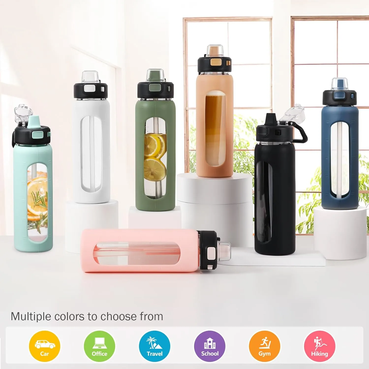 Kodrine Water Bottle With Straw and Carry Handle, Glass Water Bottle 24 oz Leak Proof Locking Lid with Soft Silicone Spout, Reusable Drinking Cups for Travel Sports with Time Marker,Amber