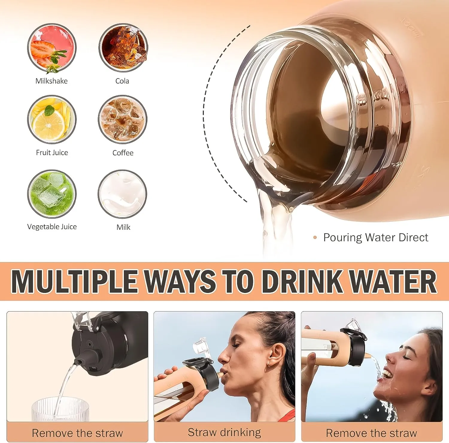 Kodrine Water Bottle With Straw and Carry Handle, Glass Water Bottle 24 oz Leak Proof Locking Lid with Soft Silicone Spout, Reusable Drinking Cups for Travel Sports with Time Marker,Amber