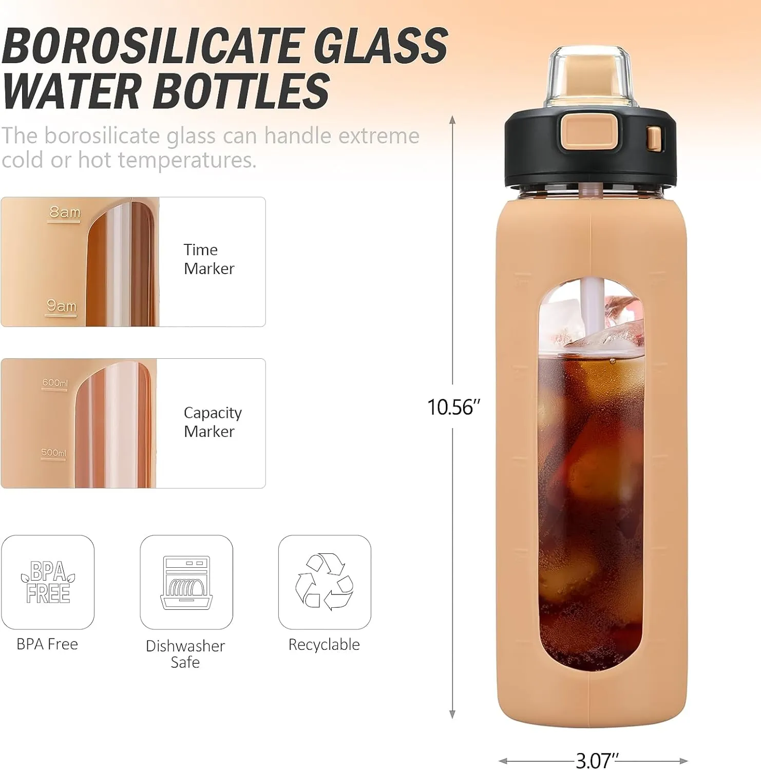 Kodrine Water Bottle With Straw and Carry Handle, Glass Water Bottle 24 oz Leak Proof Locking Lid with Soft Silicone Spout, Reusable Drinking Cups for Travel Sports with Time Marker,Amber