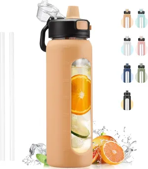 Kodrine Water Bottle With Straw and Carry Handle, Glass Water Bottle 24 oz Leak Proof Locking Lid with Soft Silicone Spout, Reusable Drinking Cups for Travel Sports with Time Marker,Amber