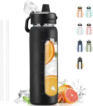 Kodrine Water Bottle With Straw and Carry Handle, Glass Water Bottle 24 oz Leak Proof Locking Lid with Soft Silicone Spout, Reusable Drinking Cups for Travel Sports with Time Marker,Black