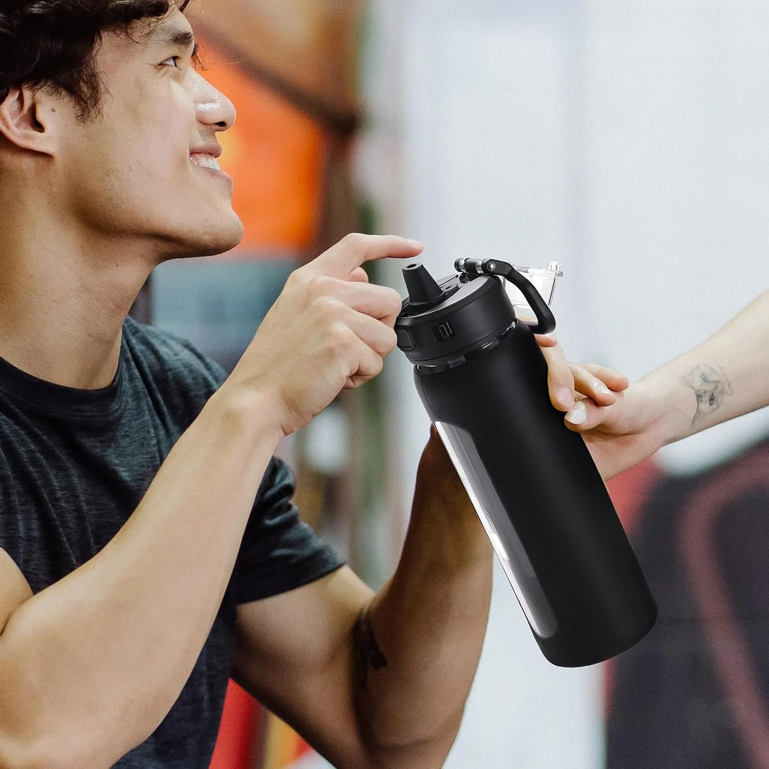 Kodrine Water Bottle With Straw and Carry Handle, Glass Water Bottle 24 oz Leak Proof Locking Lid with Soft Silicone Spout, Reusable Drinking Cups for Travel Sports with Time Marker,Black