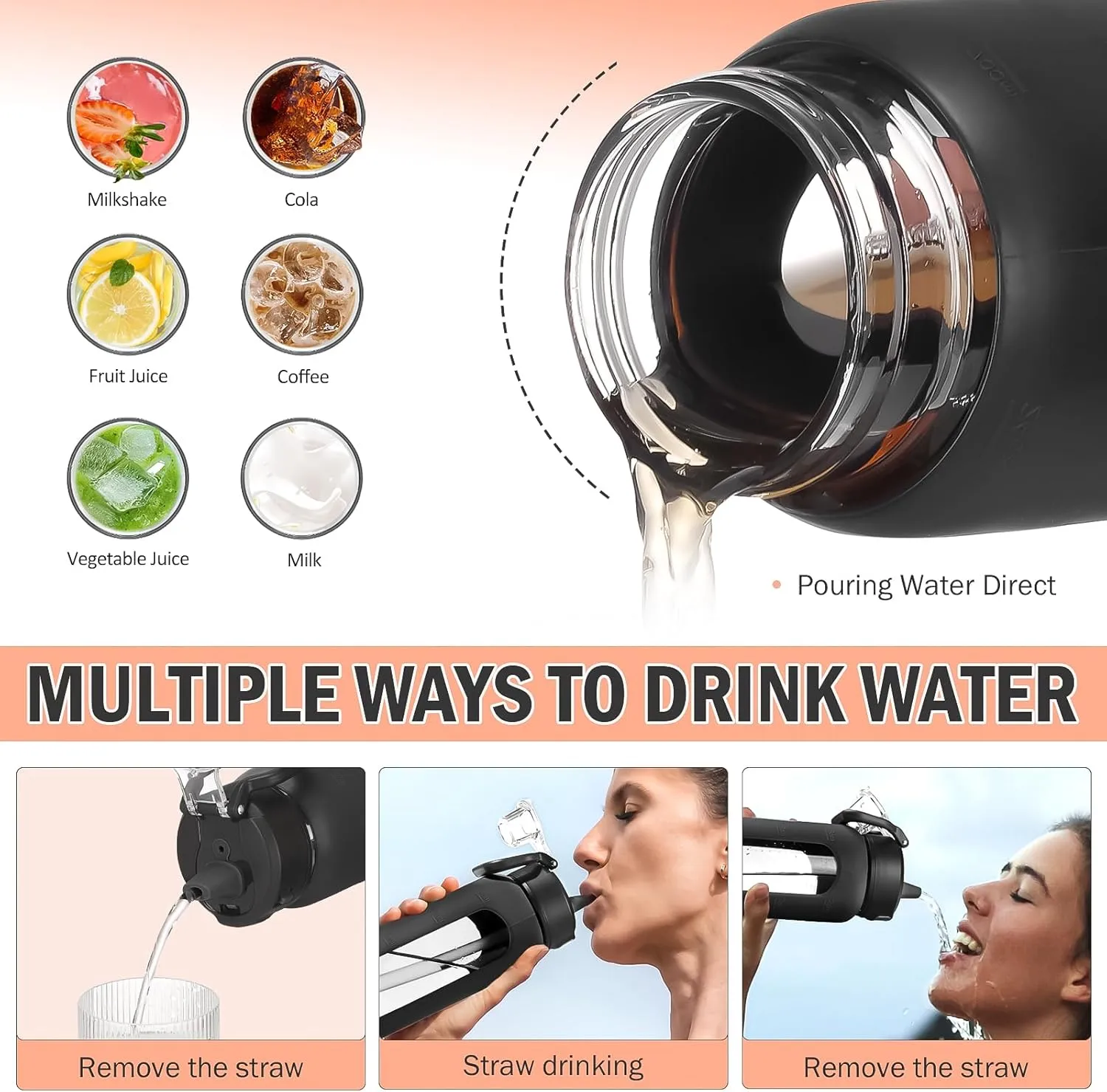 Kodrine Water Bottle With Straw and Carry Handle, Glass Water Bottle 24 oz Leak Proof Locking Lid with Soft Silicone Spout, Reusable Drinking Cups for Travel Sports with Time Marker,Black