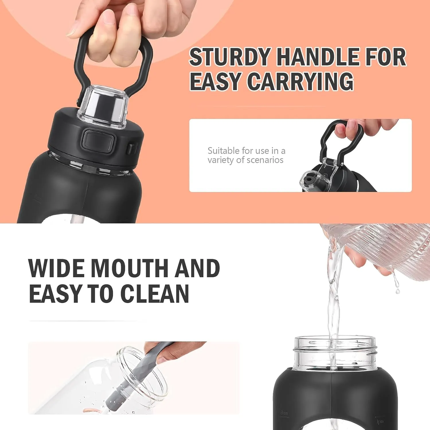 Kodrine Water Bottle With Straw and Carry Handle, Glass Water Bottle 24 oz Leak Proof Locking Lid with Soft Silicone Spout, Reusable Drinking Cups for Travel Sports with Time Marker,Black