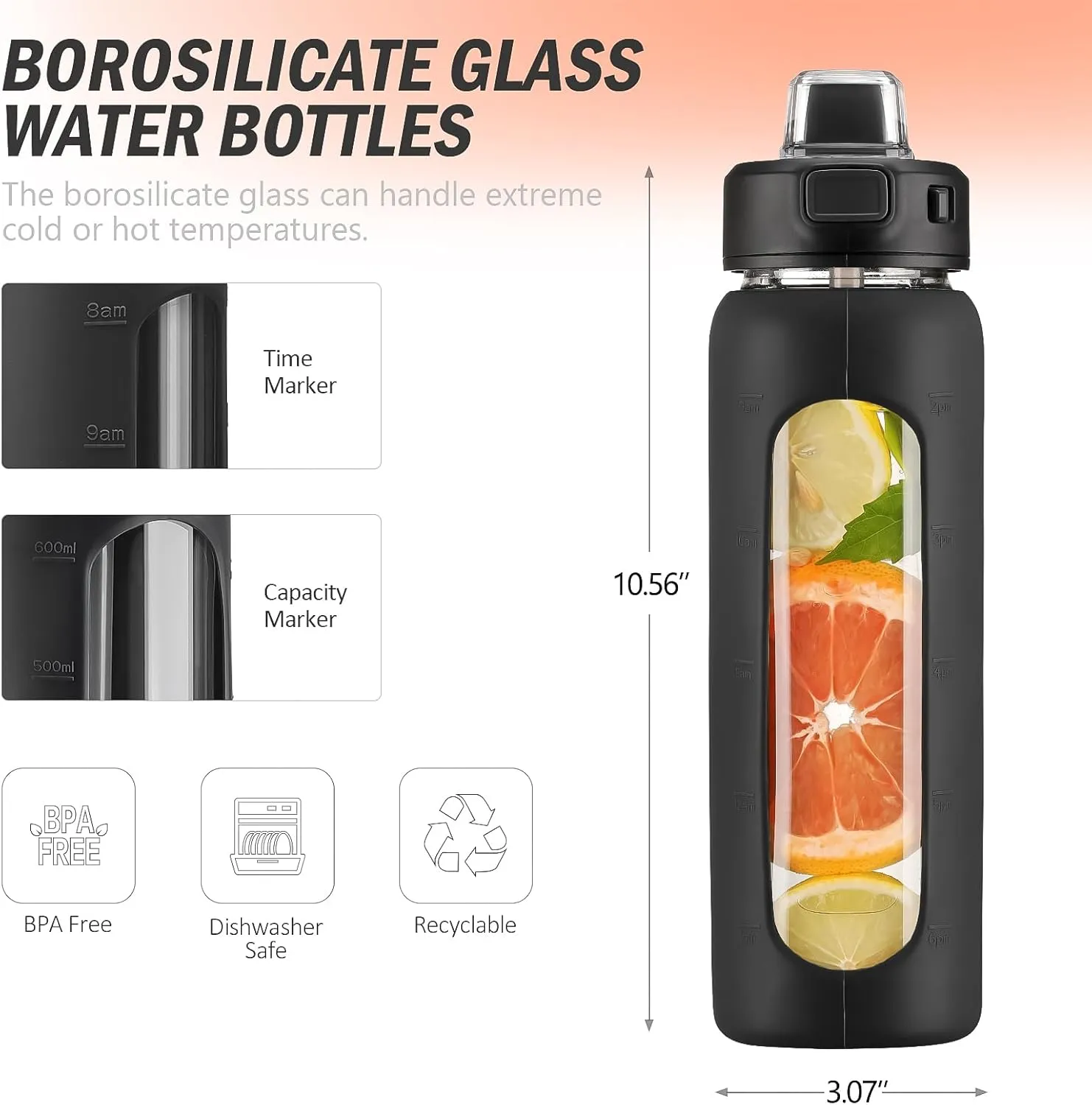 Kodrine Water Bottle With Straw and Carry Handle, Glass Water Bottle 24 oz Leak Proof Locking Lid with Soft Silicone Spout, Reusable Drinking Cups for Travel Sports with Time Marker,Black