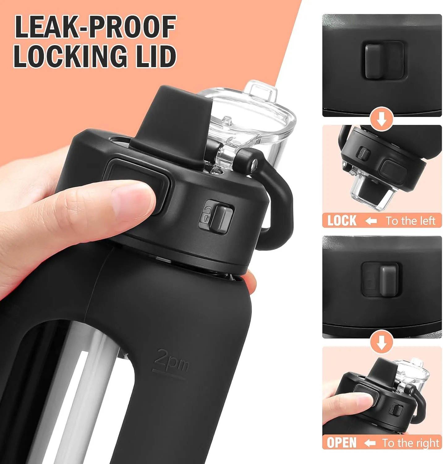 Kodrine Water Bottle With Straw and Carry Handle, Glass Water Bottle 24 oz Leak Proof Locking Lid with Soft Silicone Spout, Reusable Drinking Cups for Travel Sports with Time Marker,Black
