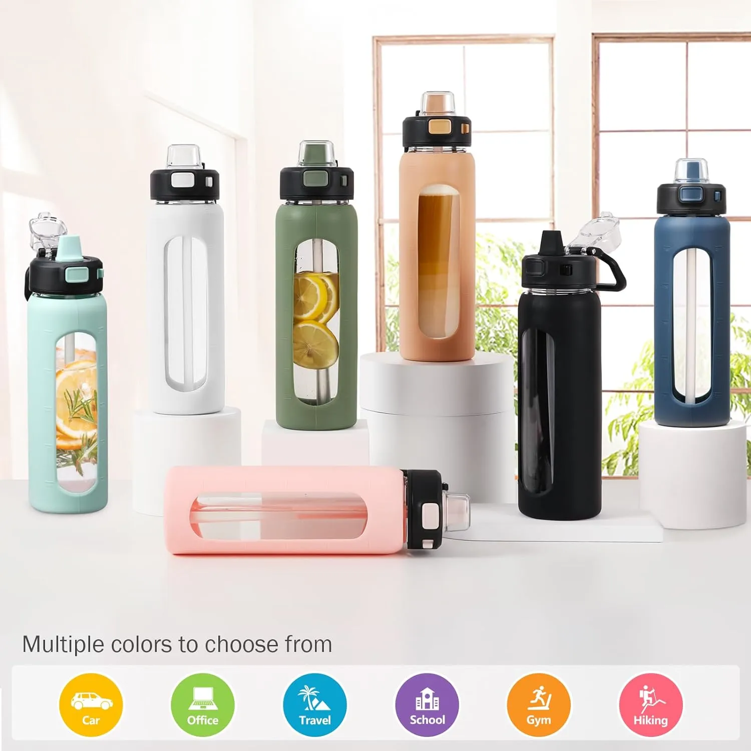 Kodrine Water Bottle With Straw and Carry Handle, Glass Water Bottle 24 oz Leak Proof Locking Lid with Soft Silicone Spout, Reusable Drinking Cups for Travel Sports with Time Marker,Black