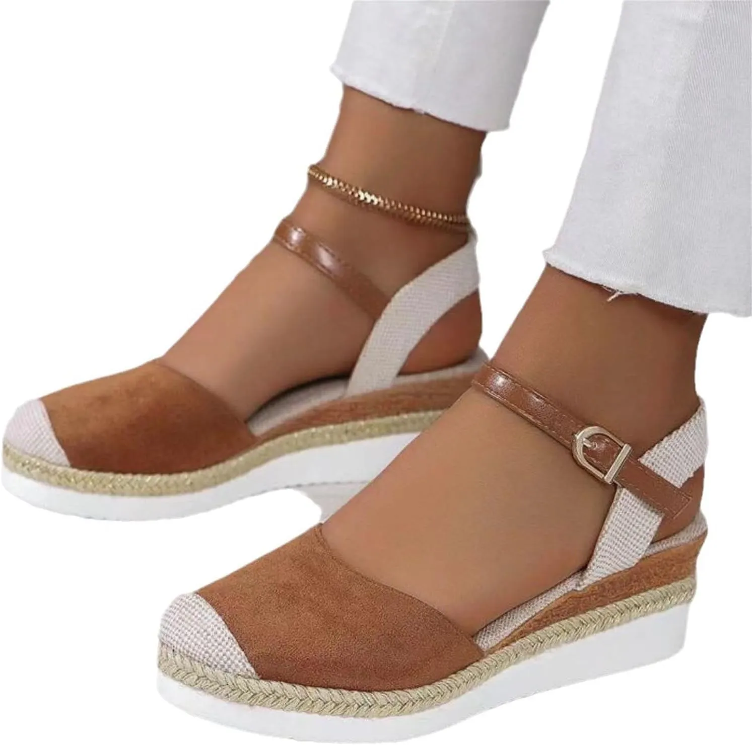 Kubbon Wedge Sandals for Women Comfortable Close Toe Ankle Strap Espadrilles Platform Heel Non Slip Orthopedic Sandals Casual Outdoor Beach Shoes