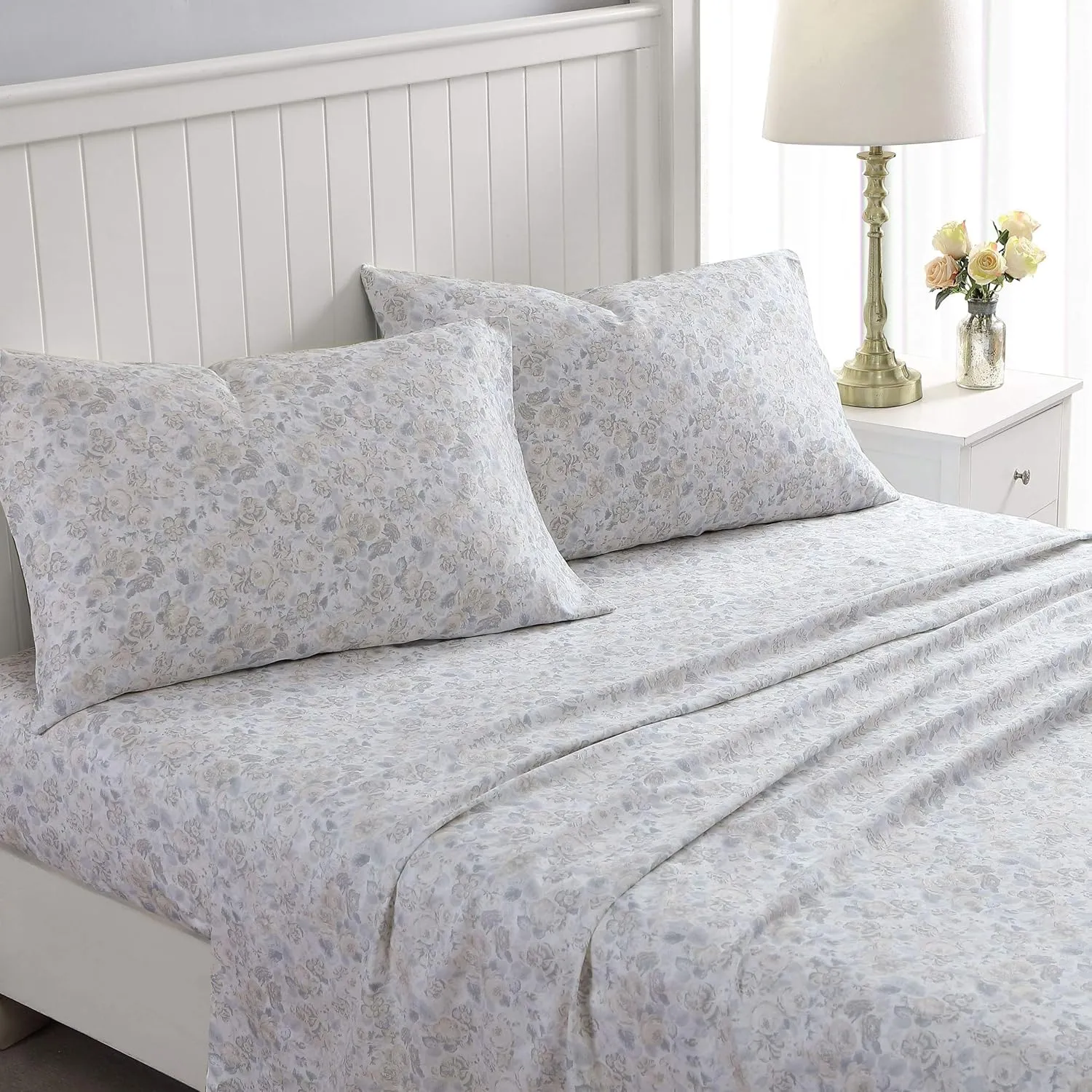 Laura Ashley Home - King Sheets, Soft Sateen Cotton Bedding Set - Sleek, Smooth, & Breathable Home Decor (Quartet Grey,4 pcs, King)