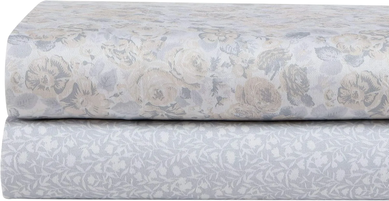 Laura Ashley Home - King Sheets, Soft Sateen Cotton Bedding Set - Sleek, Smooth, & Breathable Home Decor (Quartet Grey,4 pcs, King)