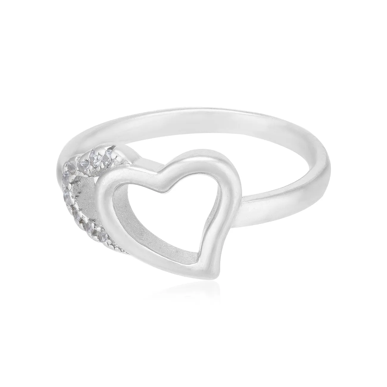 Layered Heart Rhodium Plated Sleek Stone Ring