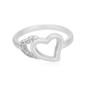 Layered Heart Rhodium Plated Sleek Stone Ring