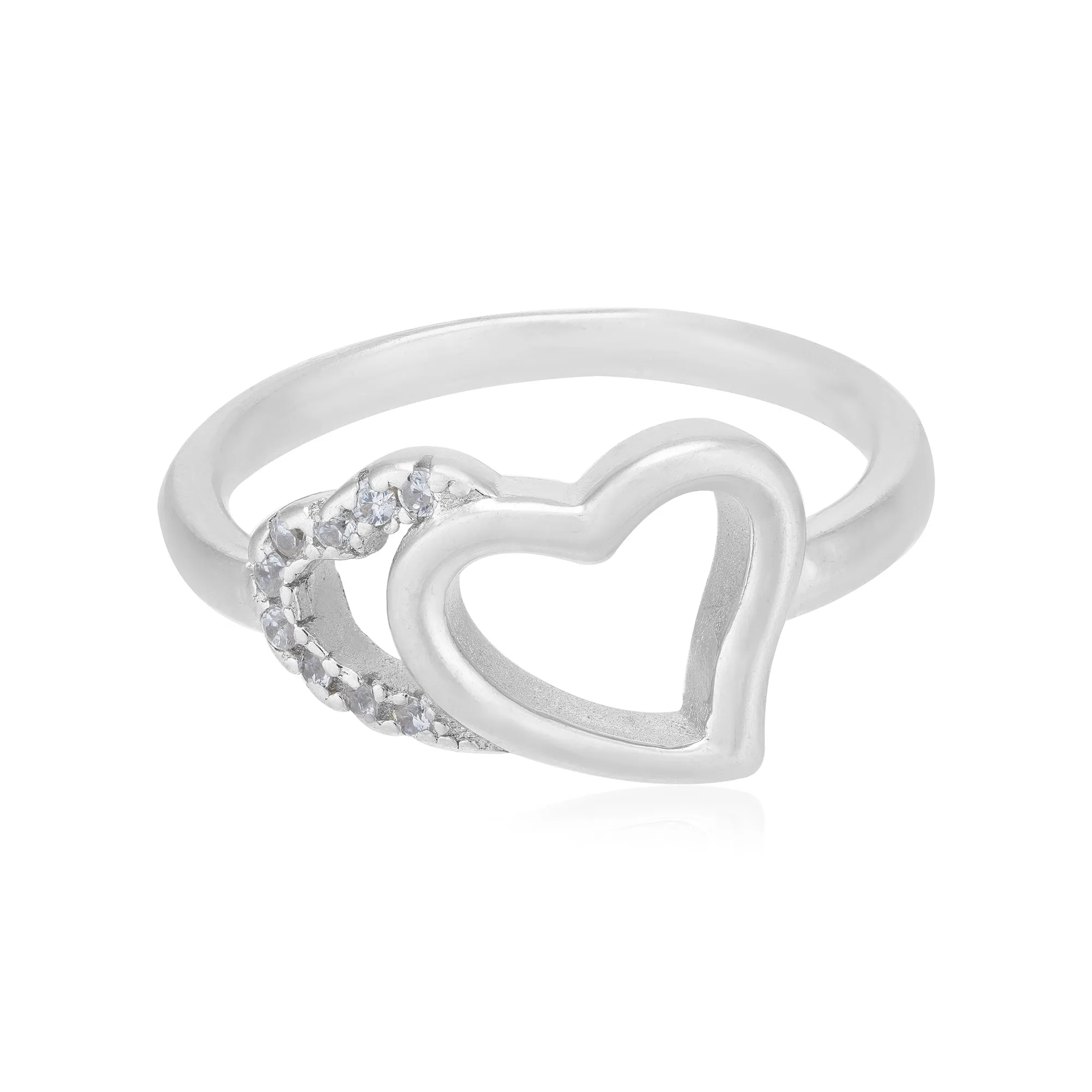 Layered Heart Rhodium Plated Sleek Stone Ring