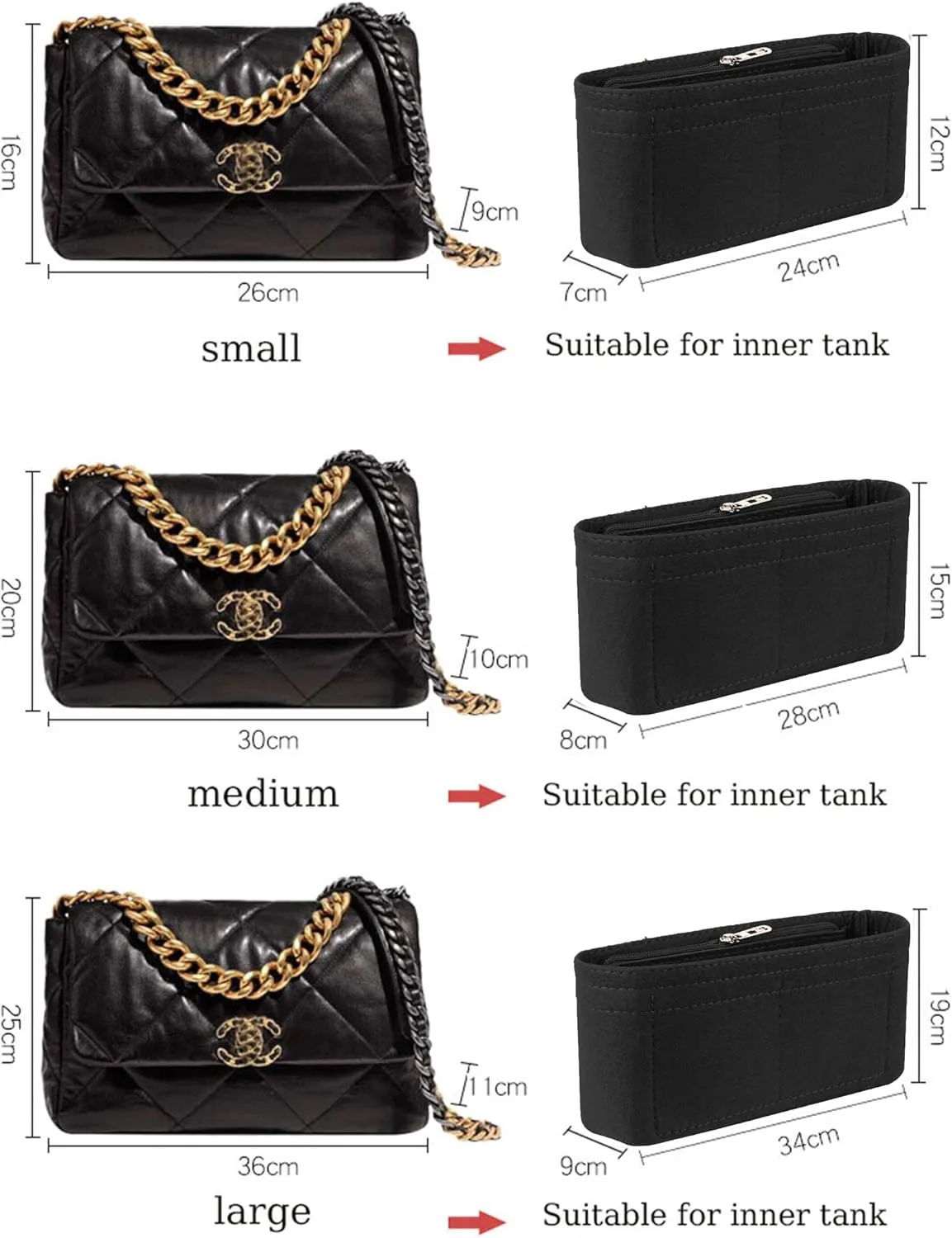 Lckaey Purse Organizer Insert for Chanel 19 Small bag with Side Zipper Pocket Handbag Chanel Maxi Flip bag Organizer Y002black-S