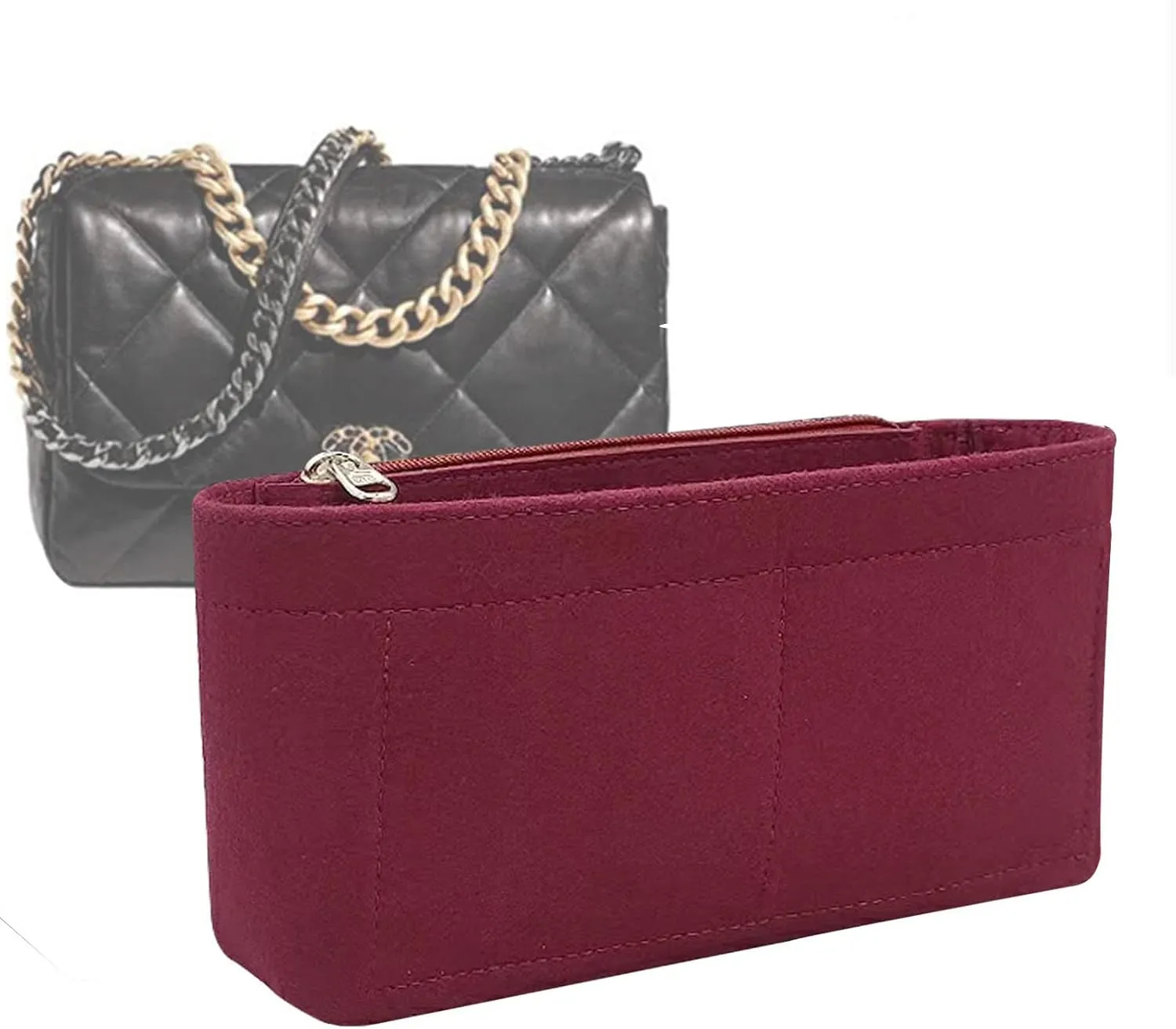 Lckaey Purse Organizer Insert for Chanel 19 Small bag with Side Zipper Pocket Handbag Chanel Maxi Flip bag Organizer Y002claret-S