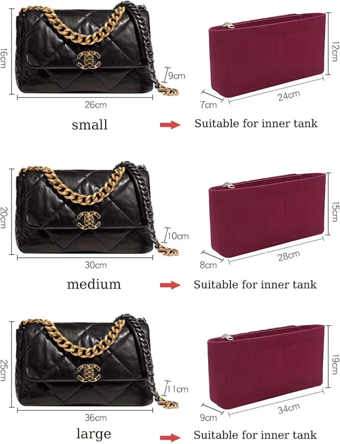 Lckaey Purse Organizer Insert for Chanel 19 Small bag with Side Zipper Pocket Handbag Chanel Maxi Flip bag Organizer Y002claret-S