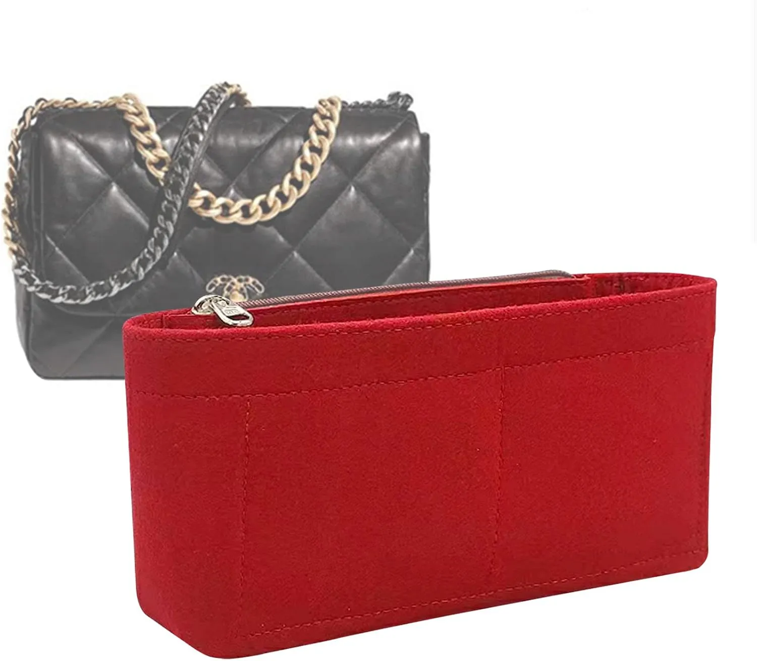 Lckaey Purse Organizer Insert for Chanel 19 Small bag with Side Zipper Pocket Handbag Chanel Maxi Flip bag Organizer Y002red-L