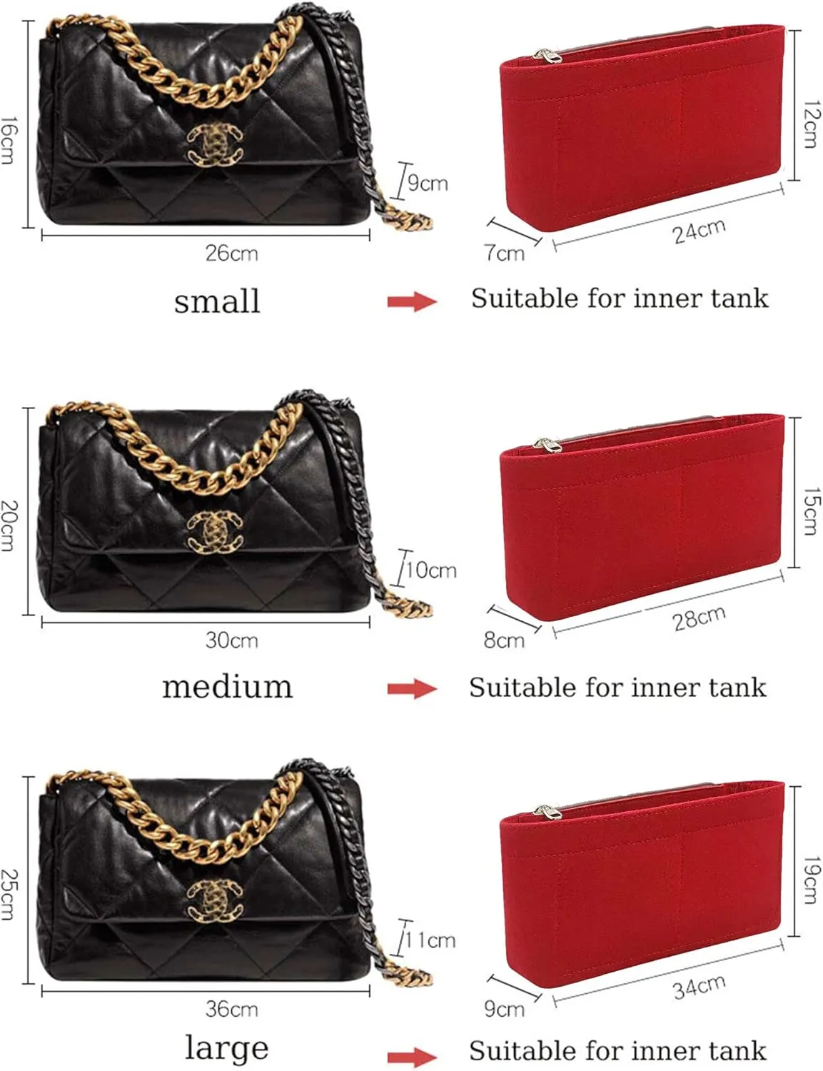 Lckaey Purse Organizer Insert for Chanel 19 Small bag with Side Zipper Pocket Handbag Chanel Maxi Flip bag Organizer Y002red-L