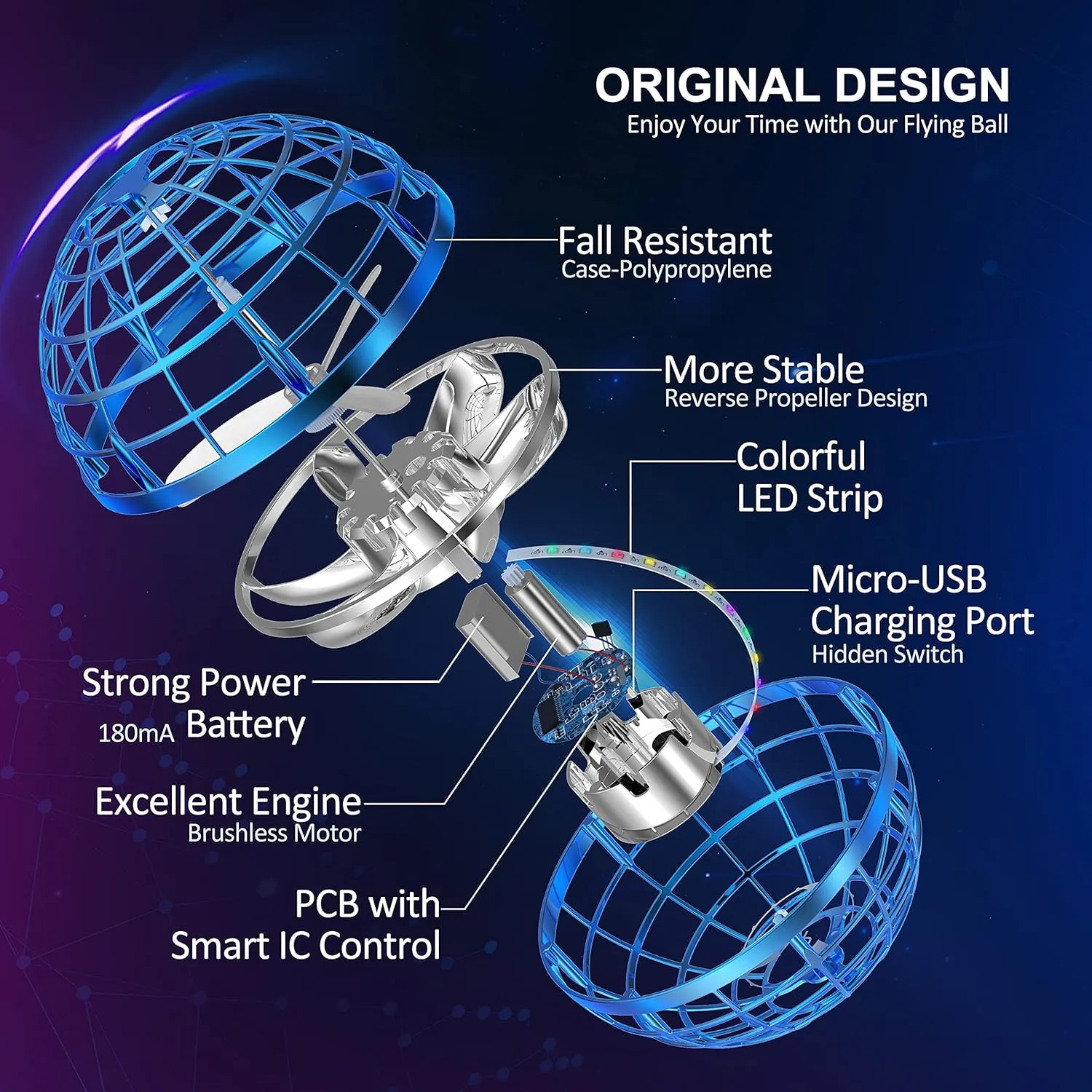 LEMATRIX 2024 Flying Orb Ball Toy, Hover Ball Boomerang Fly Fidget Spinner, Cool Toys Gifts for 6 7 8 9 10 11 12  Years Old boy Girls Teens, Hand Mini Drone Cosmic Globe, Indoor Outdoor Toys(Blue)