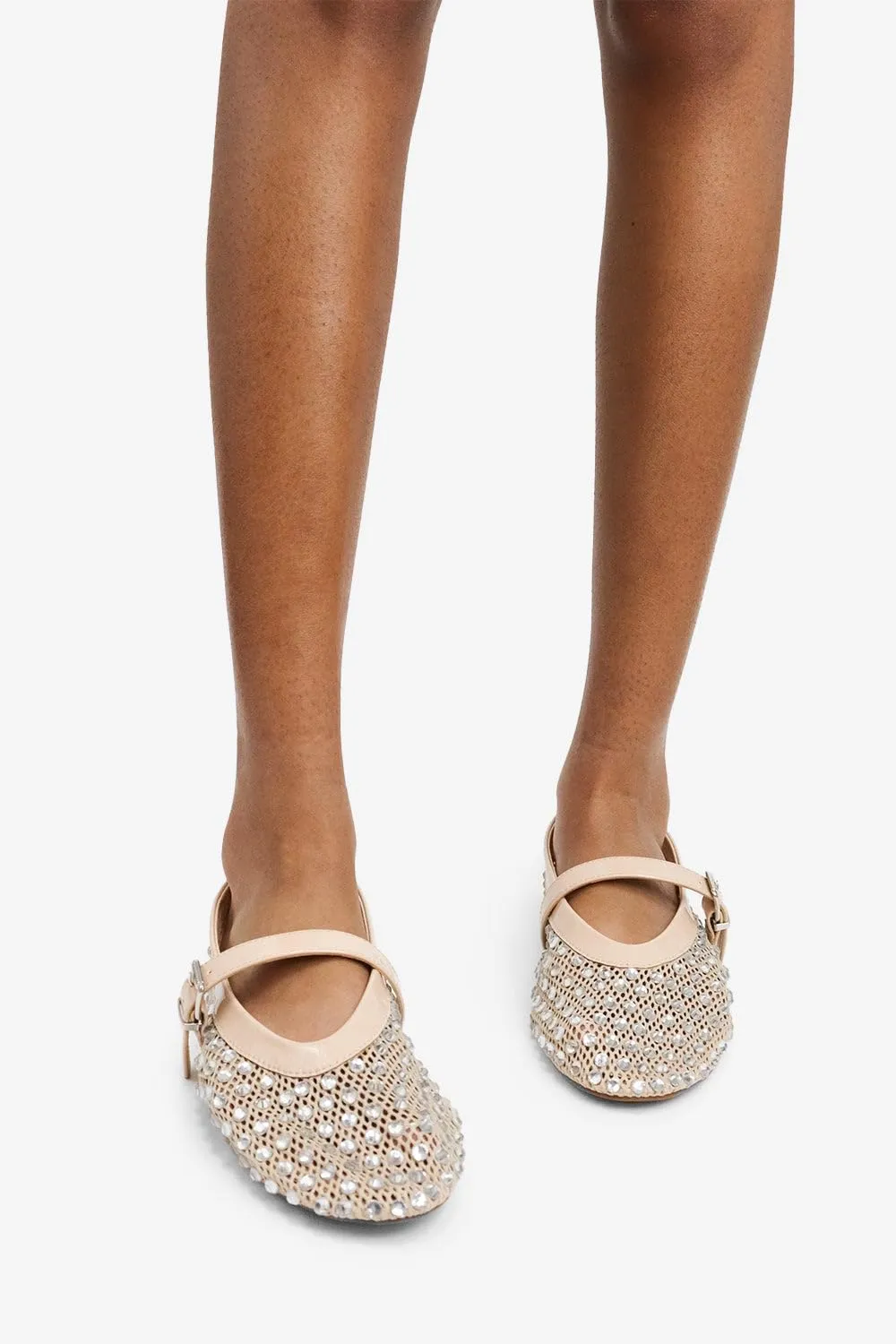 LEMONADE Women's Diamante Fishnet Detail Buckle Strap Flat Ballet Pump