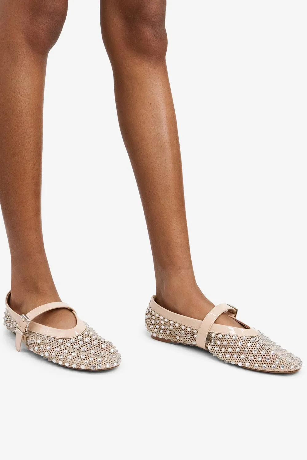 LEMONADE Women's Diamante Fishnet Detail Buckle Strap Flat Ballet Pump