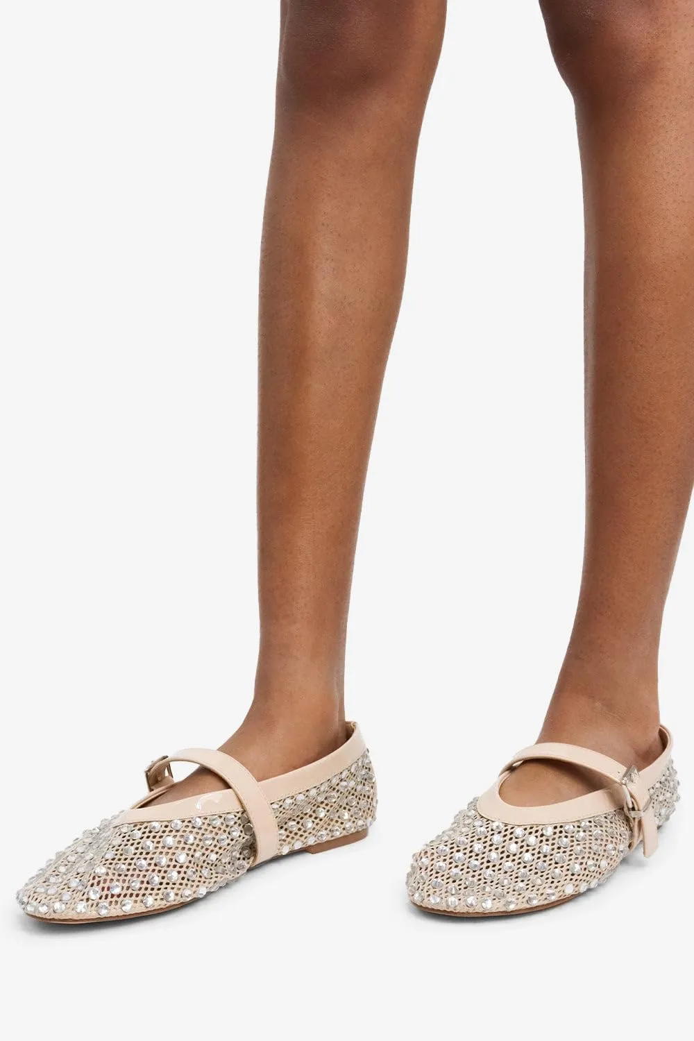 LEMONADE Women's Diamante Fishnet Detail Buckle Strap Flat Ballet Pump