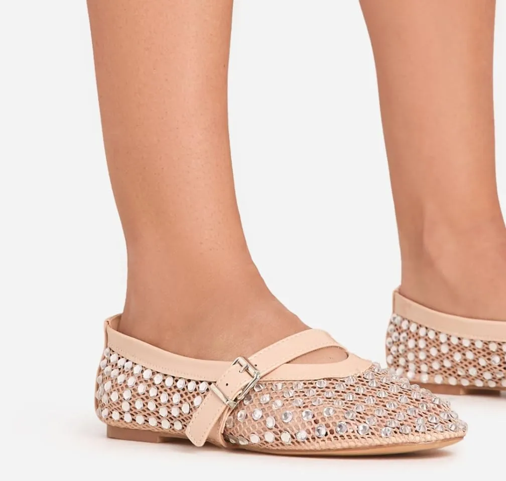 LEMONADE Women's Diamante Fishnet Detail Buckle Strap Flat Ballet Pump