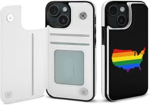 LGBT U.S. Flag Map Printed Flip Wallet Phone Case Compatible with iPhone 15/iPhone 15 Plus/iPhone 15 Pro/iPhone 15 Pro Max Protective Cover with Card Holder Kickstand