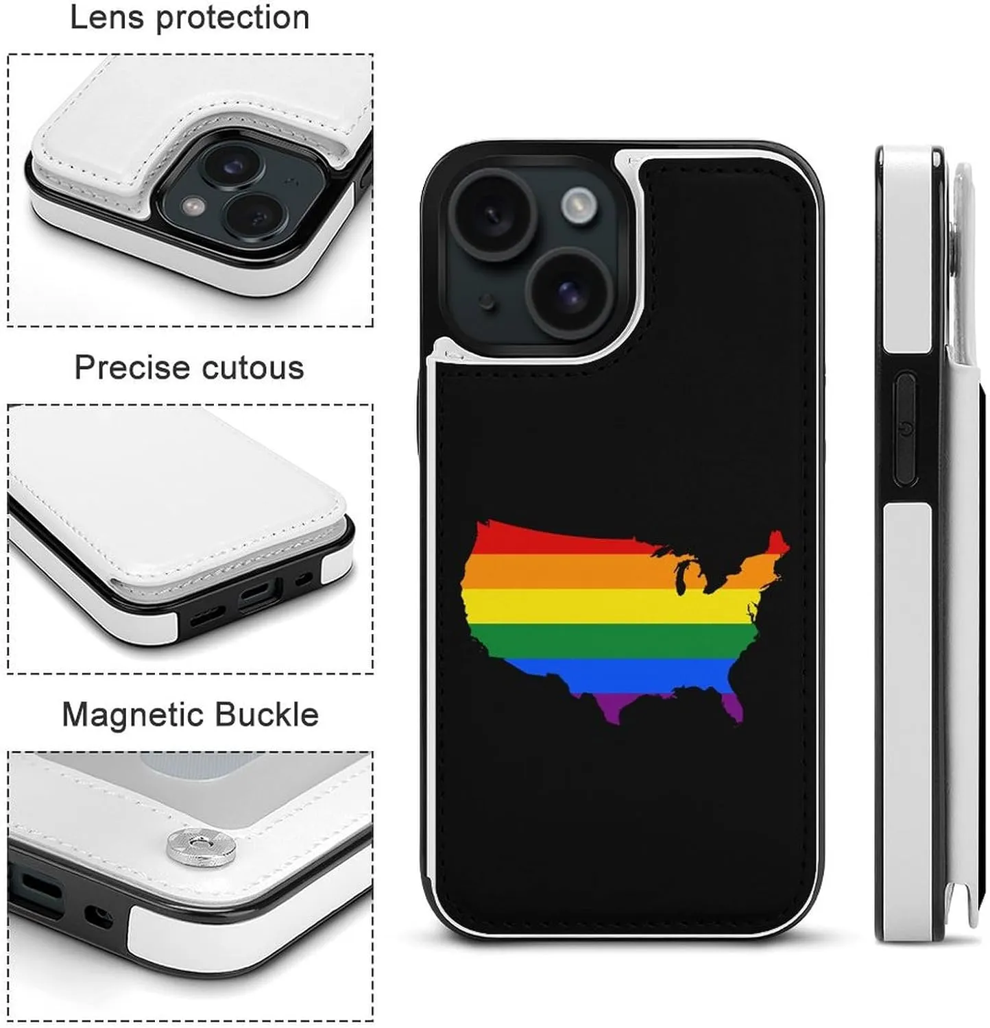 LGBT U.S. Flag Map Printed Flip Wallet Phone Case Compatible with iPhone 15/iPhone 15 Plus/iPhone 15 Pro/iPhone 15 Pro Max Protective Cover with Card Holder Kickstand