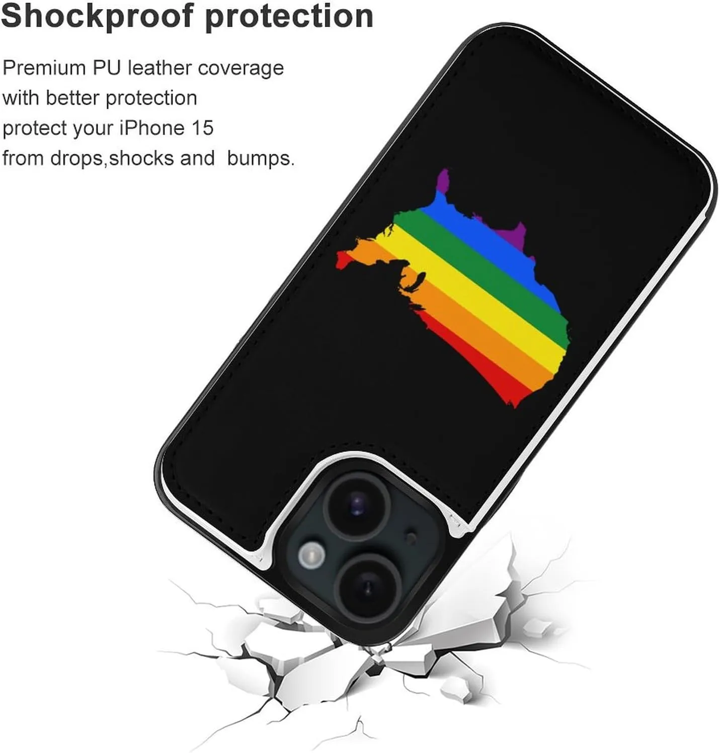 LGBT U.S. Flag Map Printed Flip Wallet Phone Case Compatible with iPhone 15/iPhone 15 Plus/iPhone 15 Pro/iPhone 15 Pro Max Protective Cover with Card Holder Kickstand