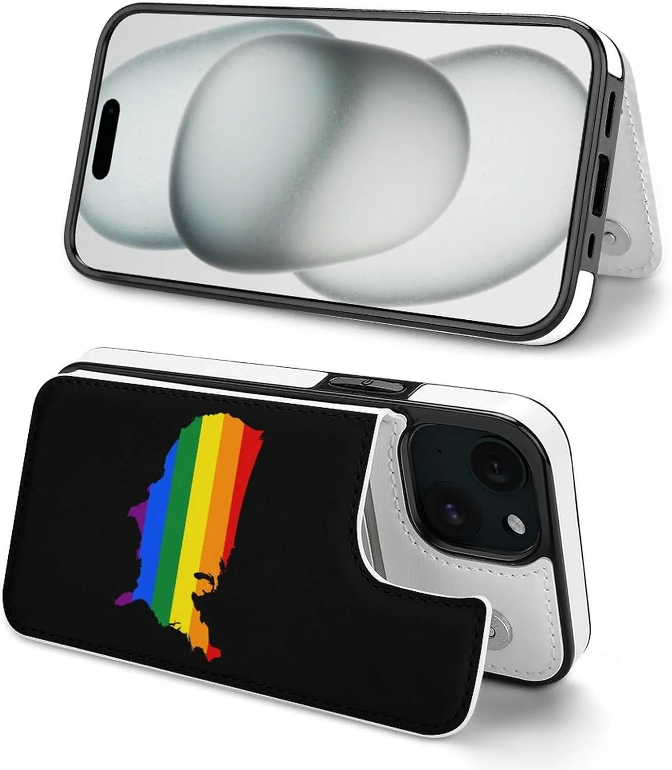 LGBT U.S. Flag Map Printed Flip Wallet Phone Case Compatible with iPhone 15/iPhone 15 Plus/iPhone 15 Pro/iPhone 15 Pro Max Protective Cover with Card Holder Kickstand