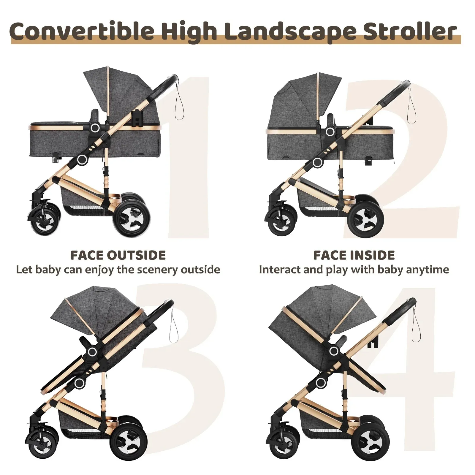 LINLUX 3 in 1 Convertible Baby Stroller, Infant Bassinet Stroller with Big Wheel, Kids Pushchair Rose Gold