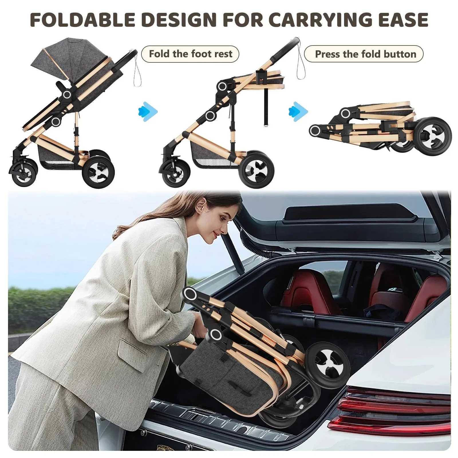 LINLUX 3 in 1 Convertible Baby Stroller, Infant Bassinet Stroller with Big Wheel, Kids Pushchair Rose Gold