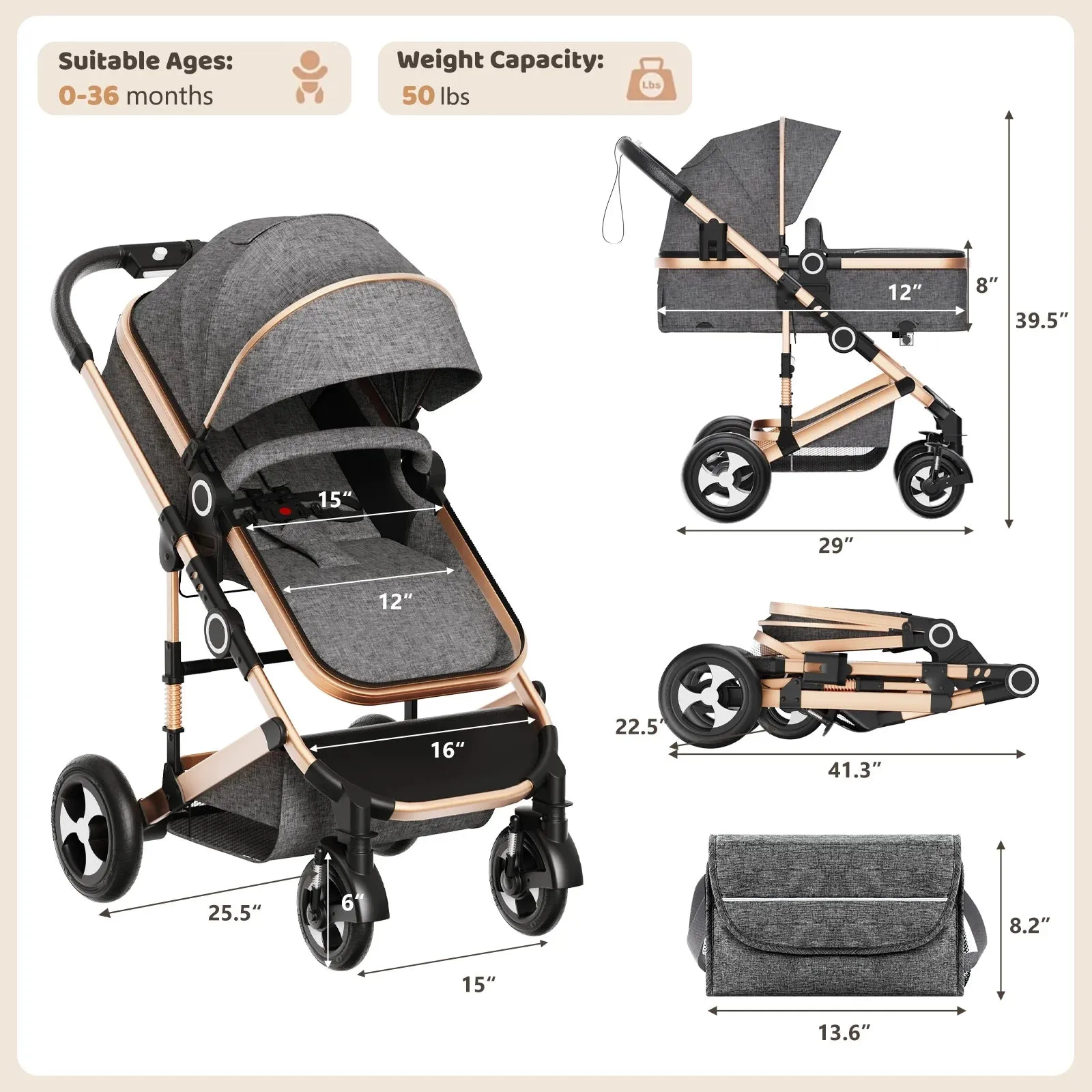 LINLUX 3 in 1 Convertible Baby Stroller, Infant Bassinet Stroller with Big Wheel, Kids Pushchair Rose Gold