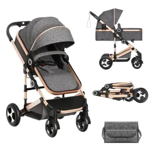 LINLUX 3 in 1 Convertible Baby Stroller, Infant Bassinet Stroller with Big Wheel, Kids Pushchair Rose Gold