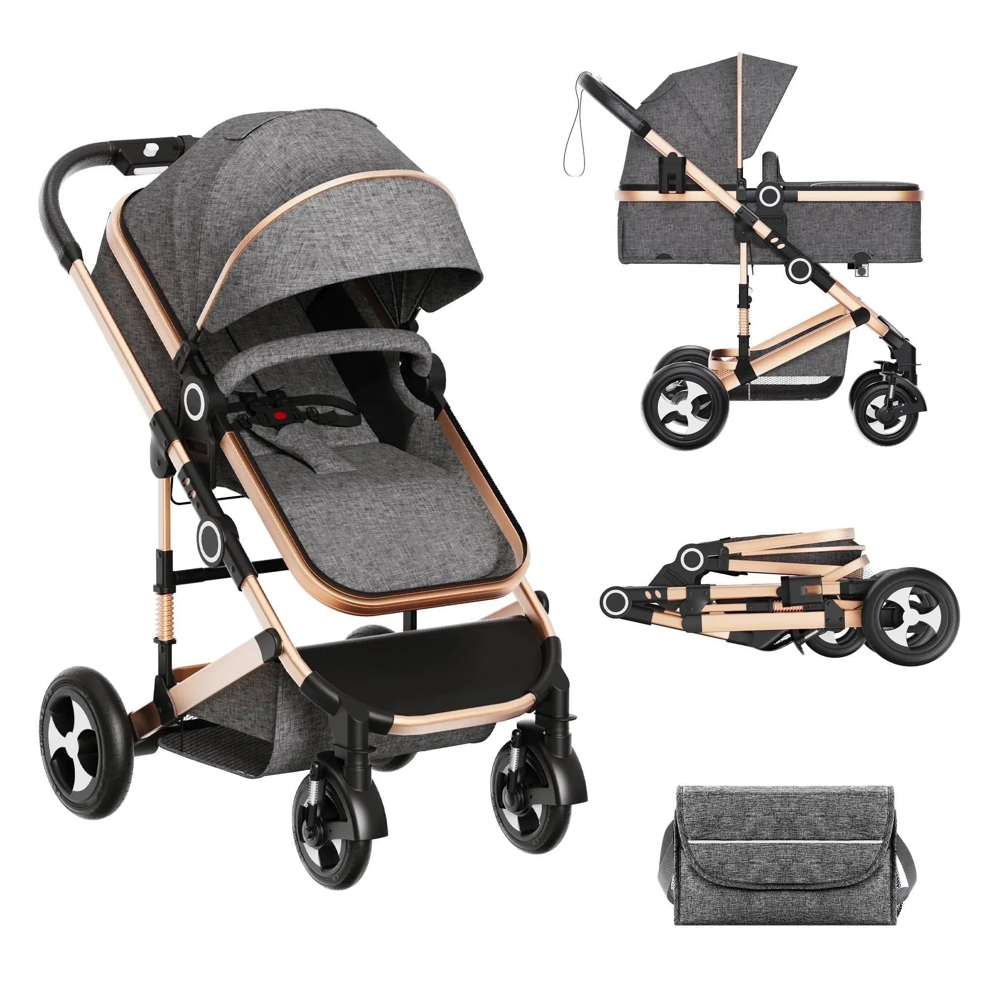LINLUX 3 in 1 Convertible Baby Stroller, Infant Bassinet Stroller with Big Wheel, Kids Pushchair Rose Gold