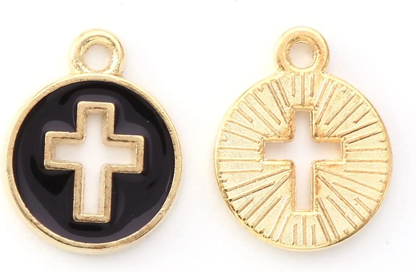 LiQunSweet 100 pcs Black Flat Round Hollow Cross Enamel Charms Religious Crucifix Jesus Charms for DIY Jewelry Bracelet Necklace Earring Craft Bag Keychain Decoration